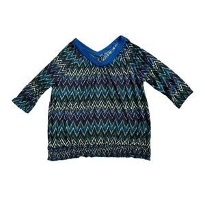 Faded Glory Chevron Knit Top Womens Plus 2X Blue Green V Neck 3/4 Sleeve 18W/20W